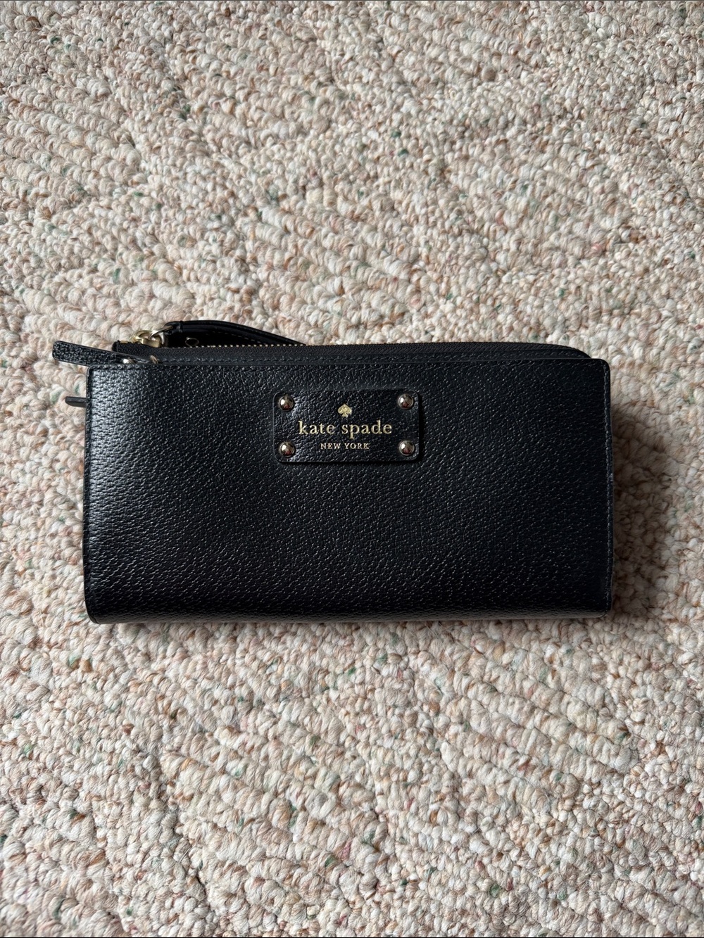 kate spade Black Pebbled Leather Zip-Around Wallet with Gold Plaque